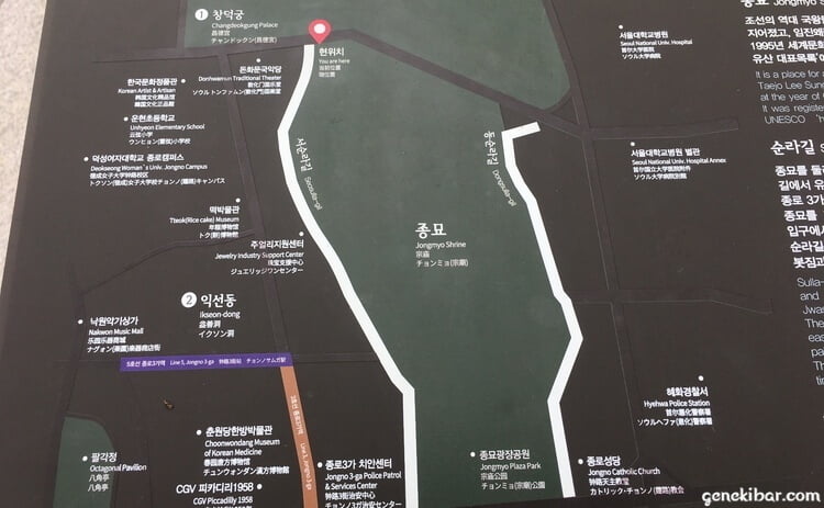 韓国ソウルの宗廟（チョンミョ）の地図