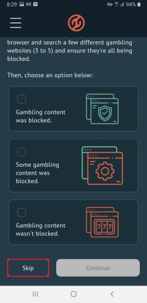 Gambanのギャンブルコンテンツがブロックされているかの確認画面